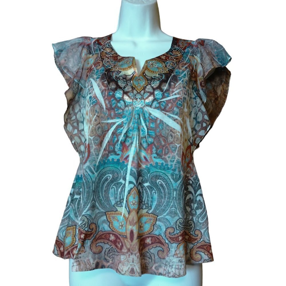 Apt.9  Petite XS V-Neck Beaded Short Flutter Sleeve Blouse Top Fairy Boho Beaded